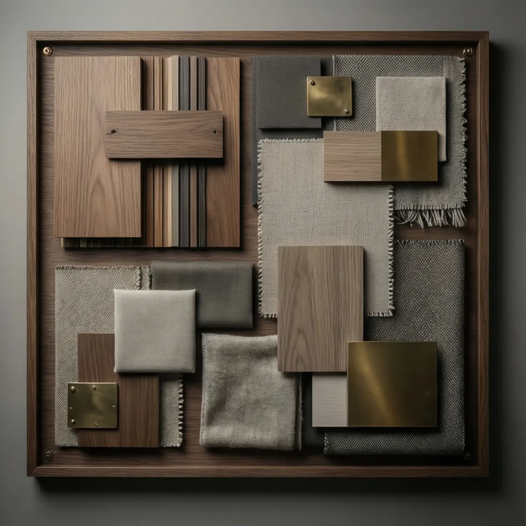 organized interior design mood board with limited color palette and materials