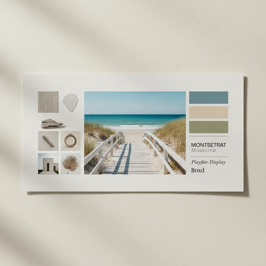 Mood board layout showing color palette typography and inspiration images