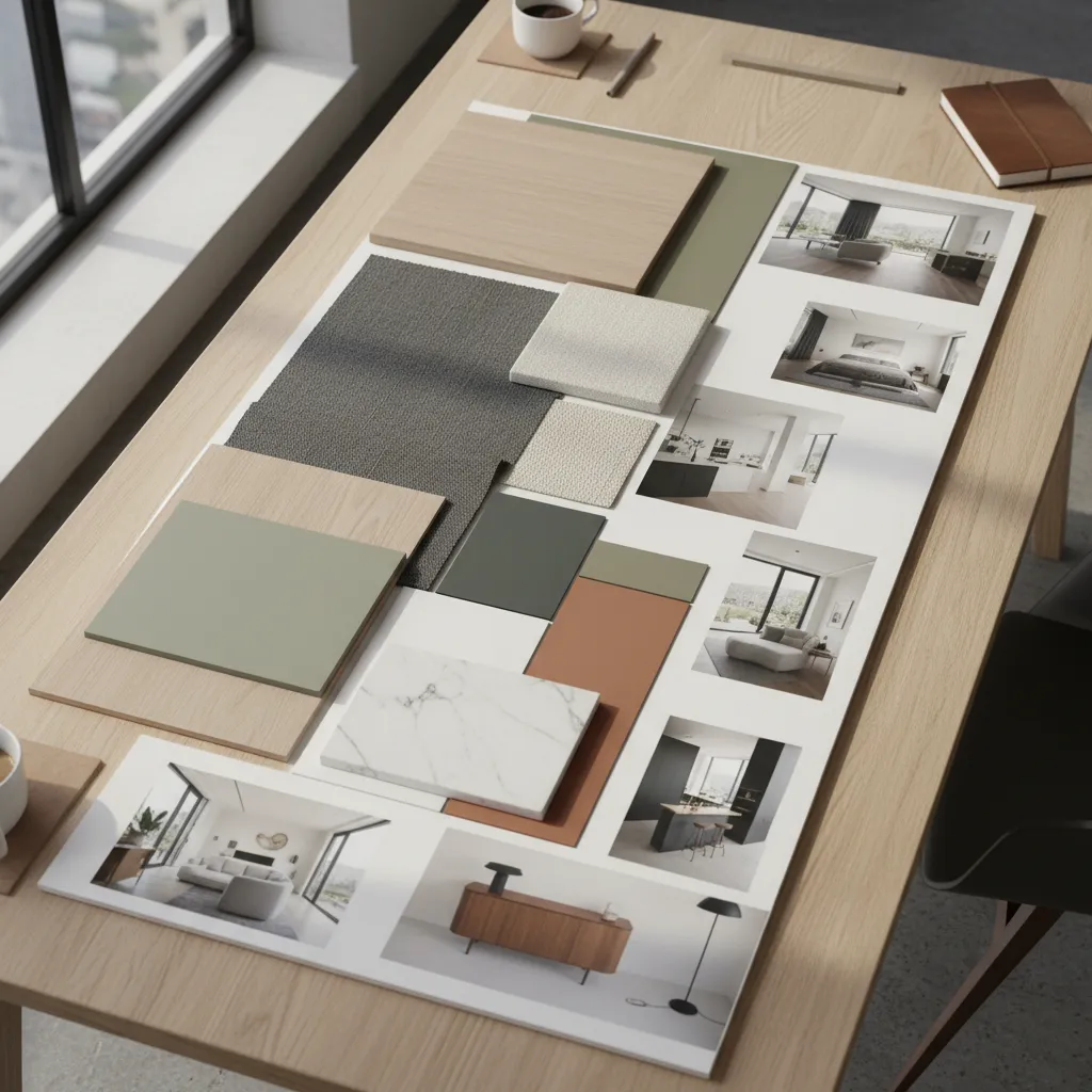 Interior design mood board on a wooden table featuring material samples, color pieces, and photos