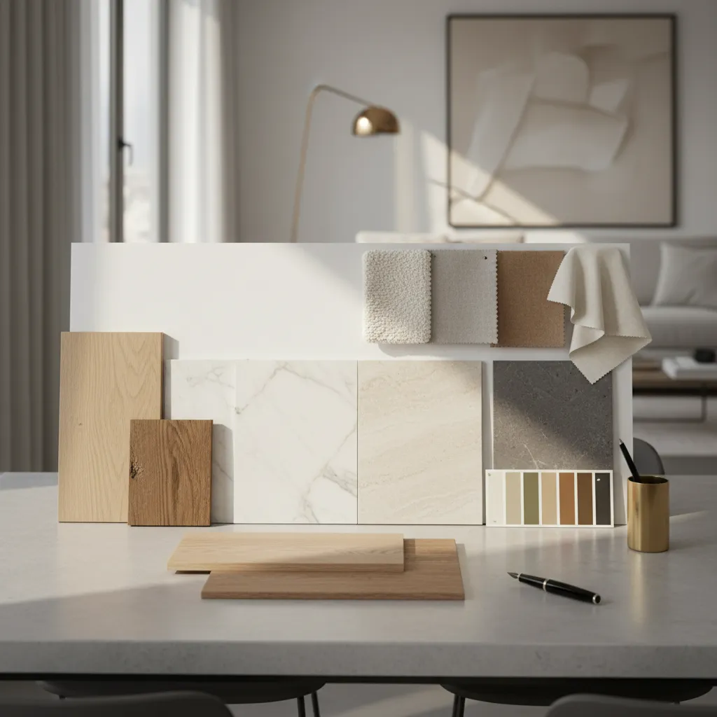 Panel creativo con muestras de madera, tela, mármol y paleta de colores