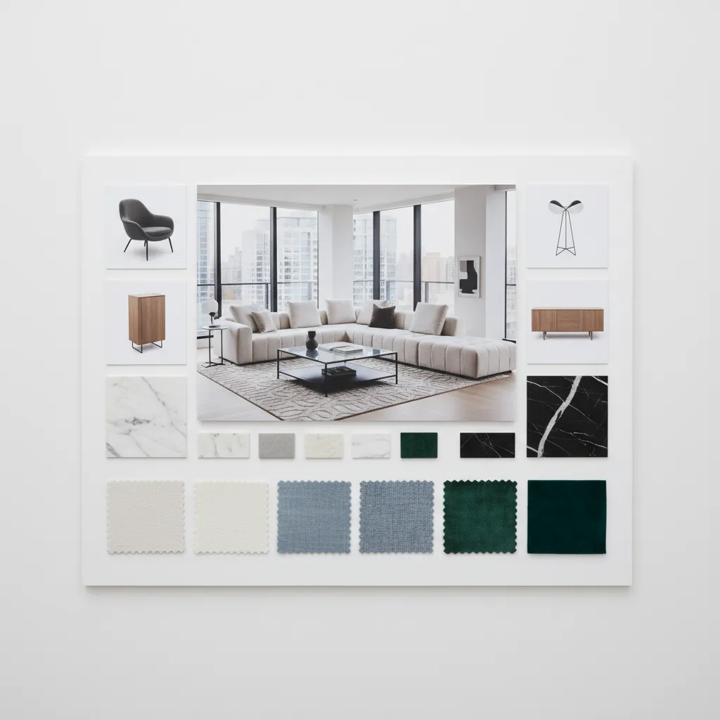 mood board with large hero interior image and smaller supporting materials