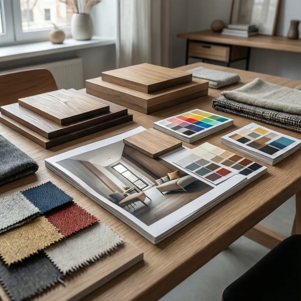 Moodboard de diseño de interiores con muestras de materiales, colores y texturas