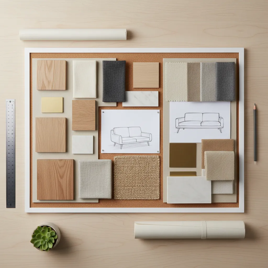 Interior design mood board with fabric swatches wood samples marble pieces and two sofa sketches
