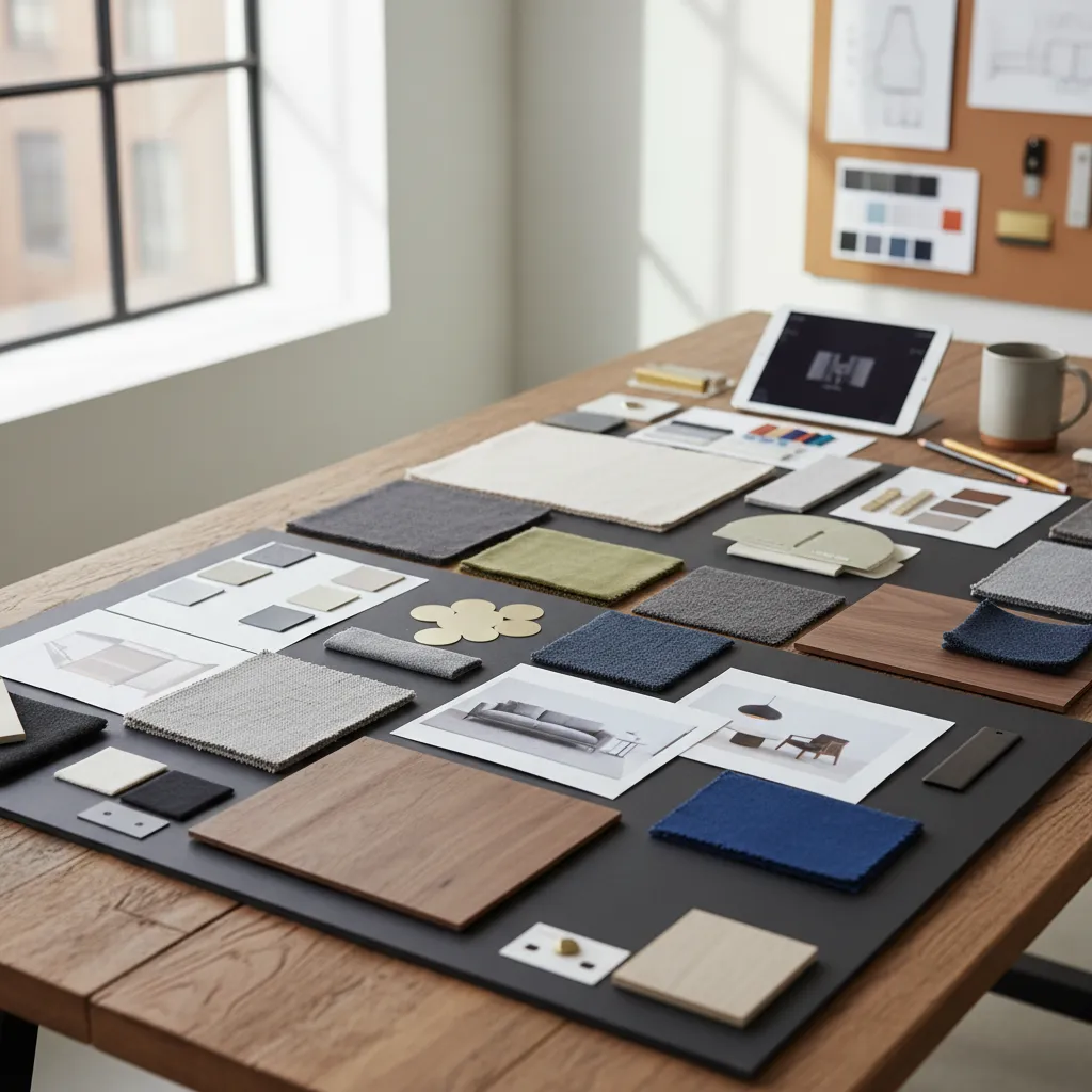 Moodboard con materiales, colores y telas para un proyecto de interiorismo