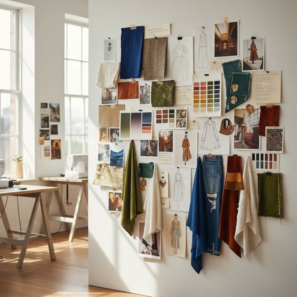 Panel de inspiración con telas, bocetos y referencias de moda