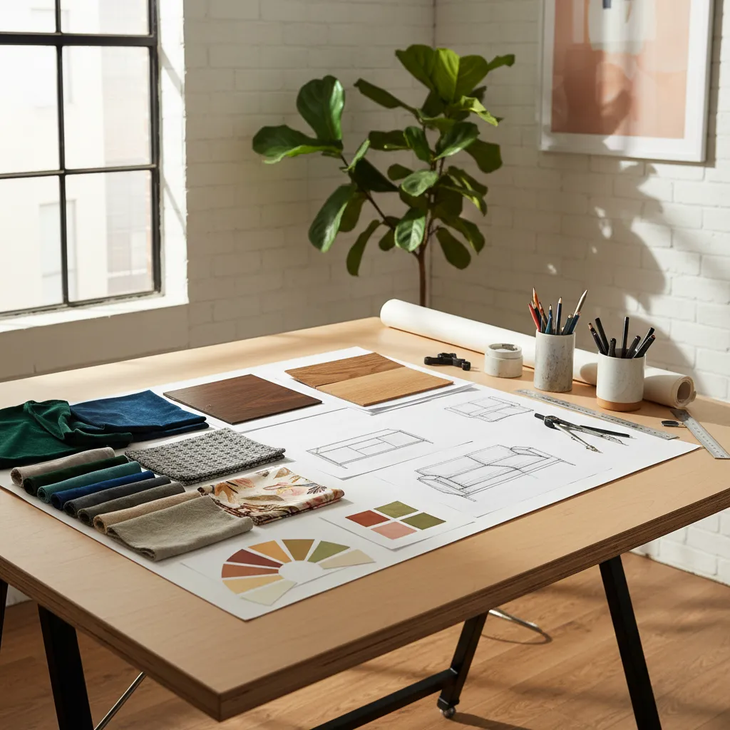Interior design mood board on table featuring fabric samples, color palettes, and furniture design drawings