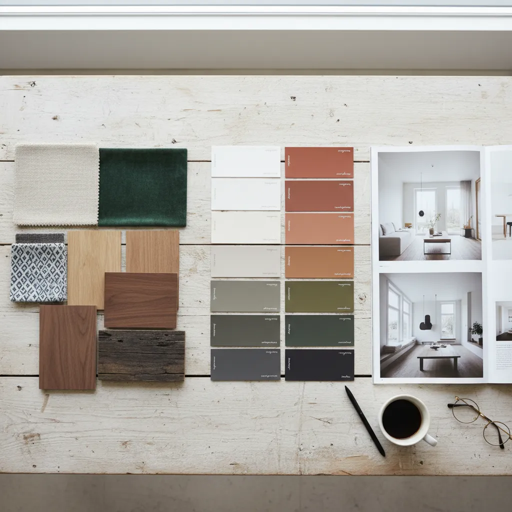 Moodboard con materiales, colores y referencias para diseño de interiores
