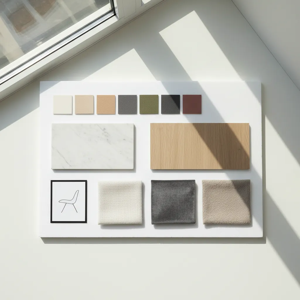 Plantilla moodboard con paleta de colores y muestras de materiales de interiorismo