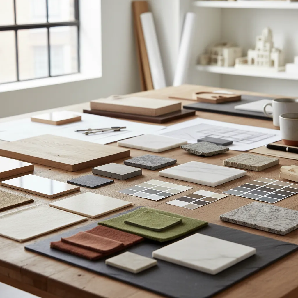 Wooden desk with material samples including stone wood fabric color swatches and interior design drawing