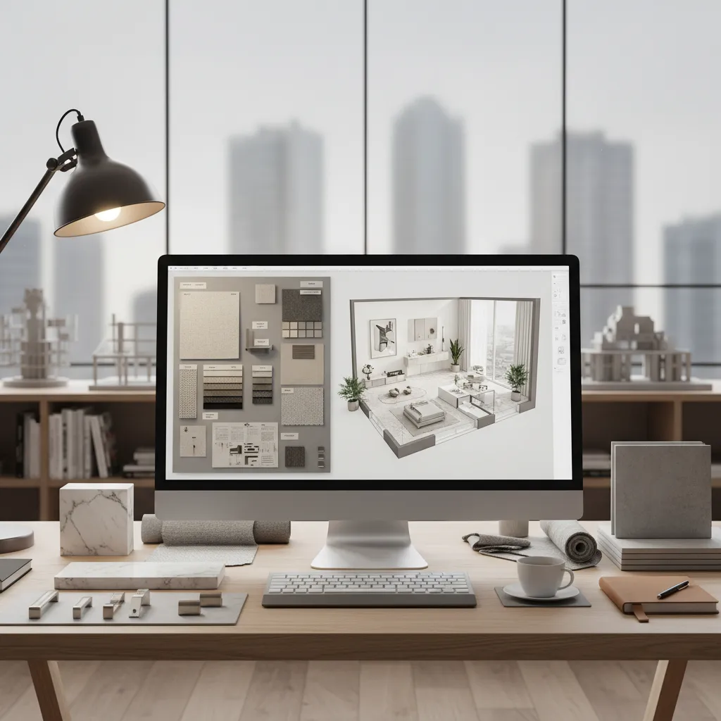 Moodboard de interiorismo junto a un plano 3D de una habitación