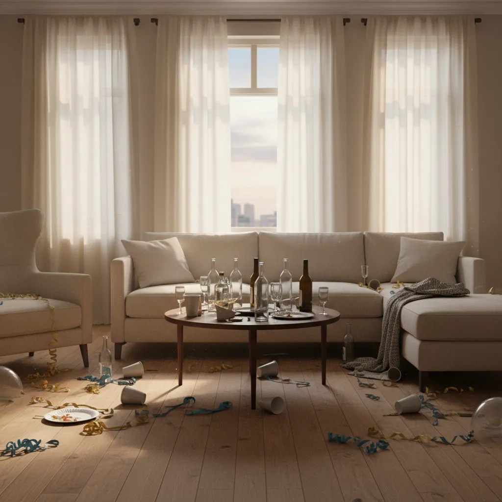 Interior con luz de mañana entrando por la ventana después de una fiesta