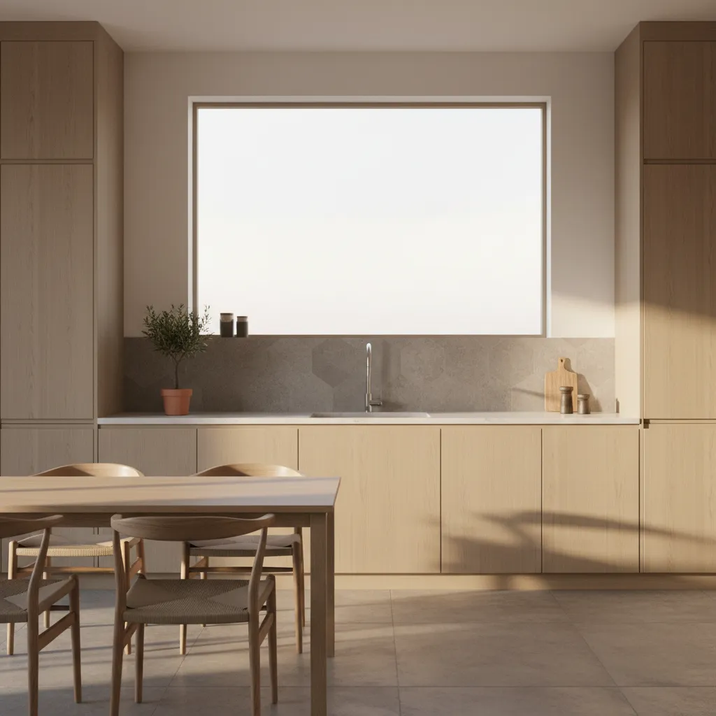 East facing kitchen with bright morning sunlight hitting countertops