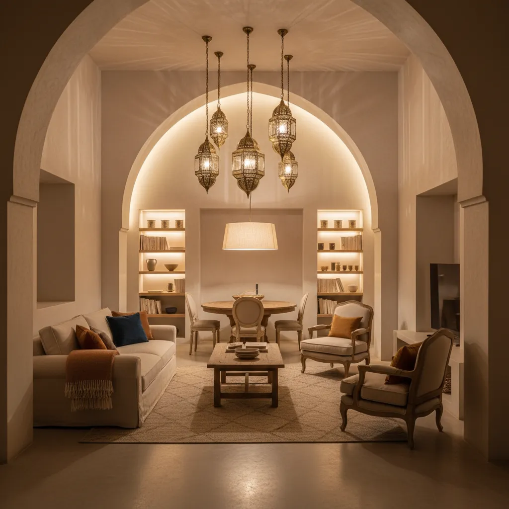 Warm living room with large arch hanging ceiling light white sofa and wooden dining table