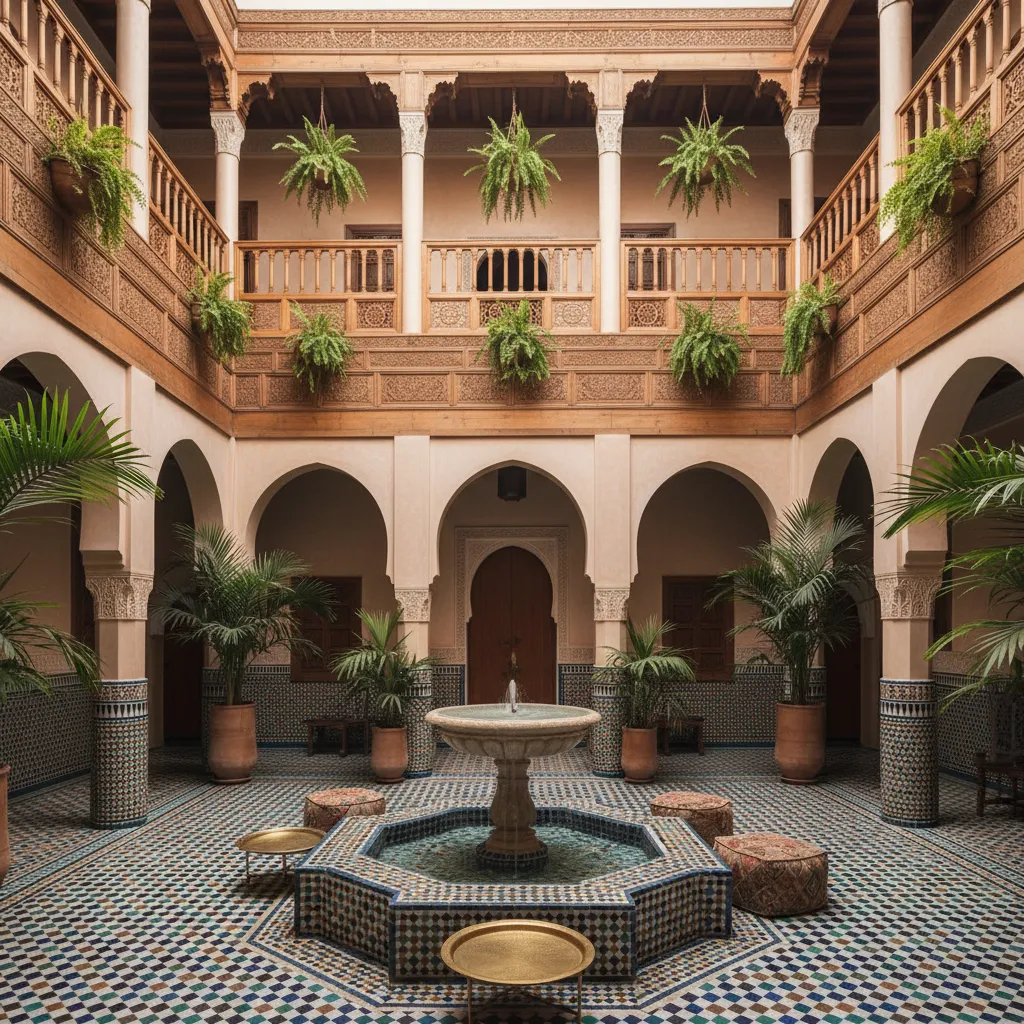 traditional Moroccan riad courtyard with arches and tile fountain