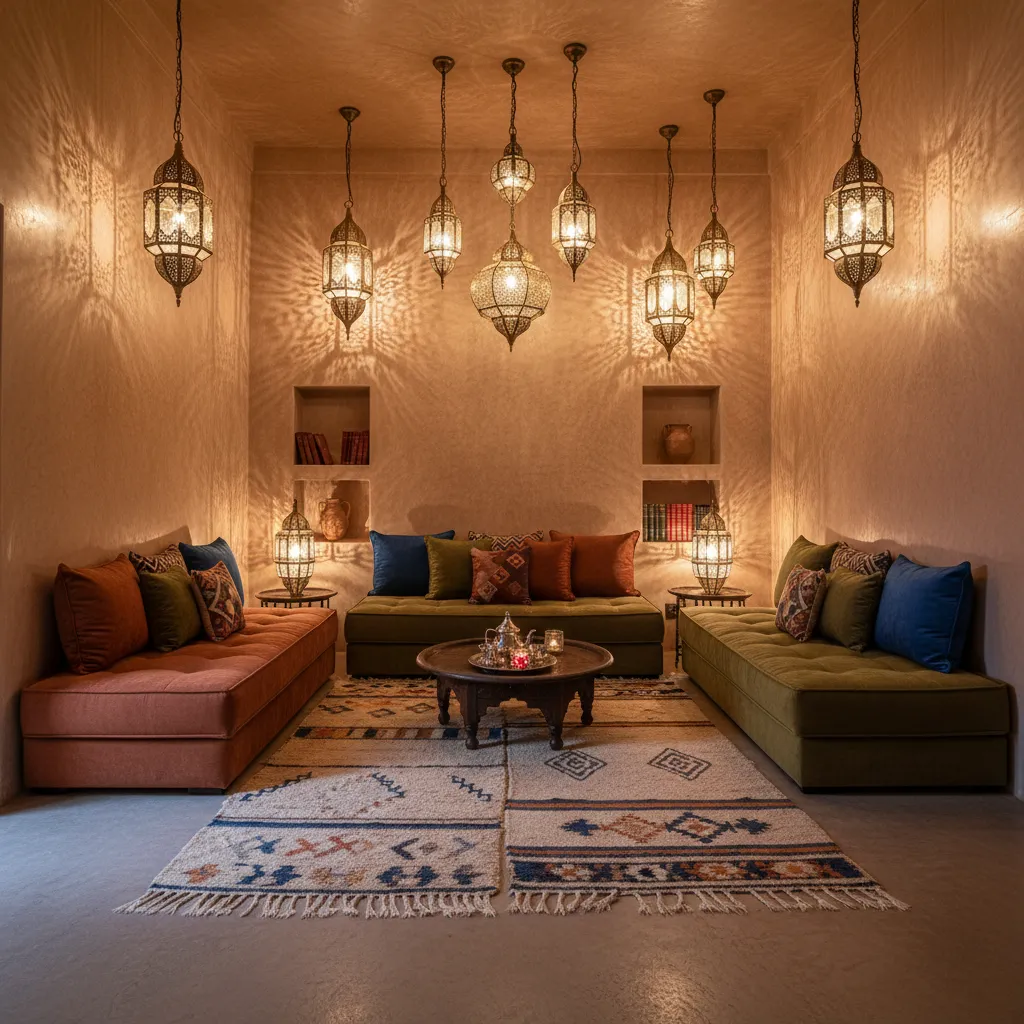 moroccan riad interior lighting with hanging lanterns and textured walls