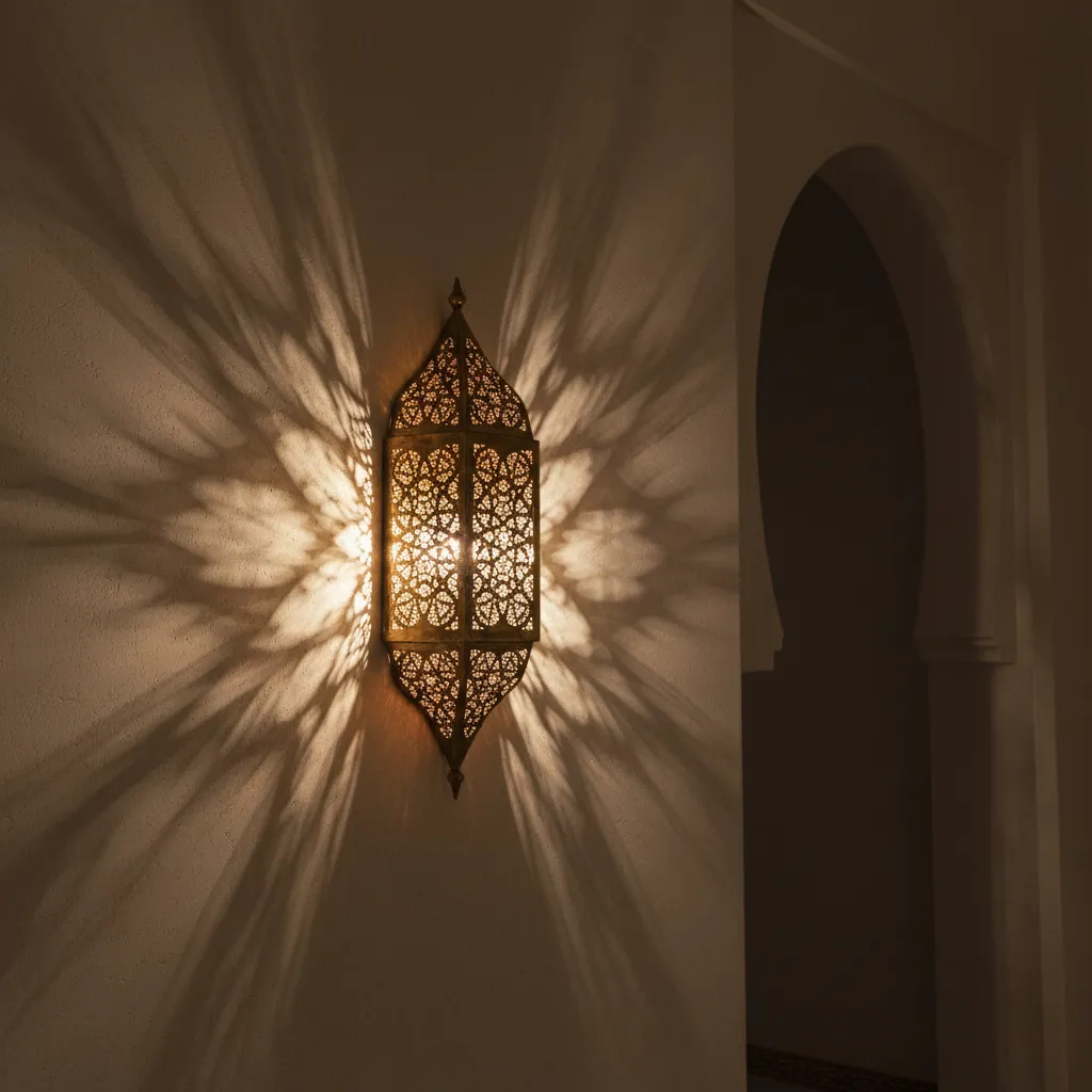Moroccan wall sconce casting decorative light patterns on a wall