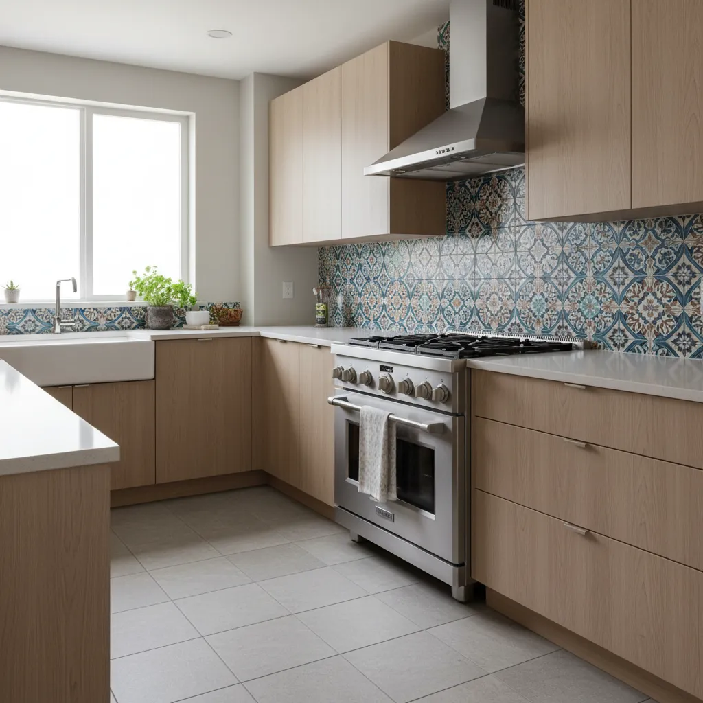 Indian kitchen with Moroccan inspired patterned tile backsplash