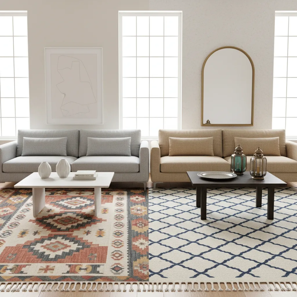 living room comparison showing aztec rug and moroccan patterned rug styles