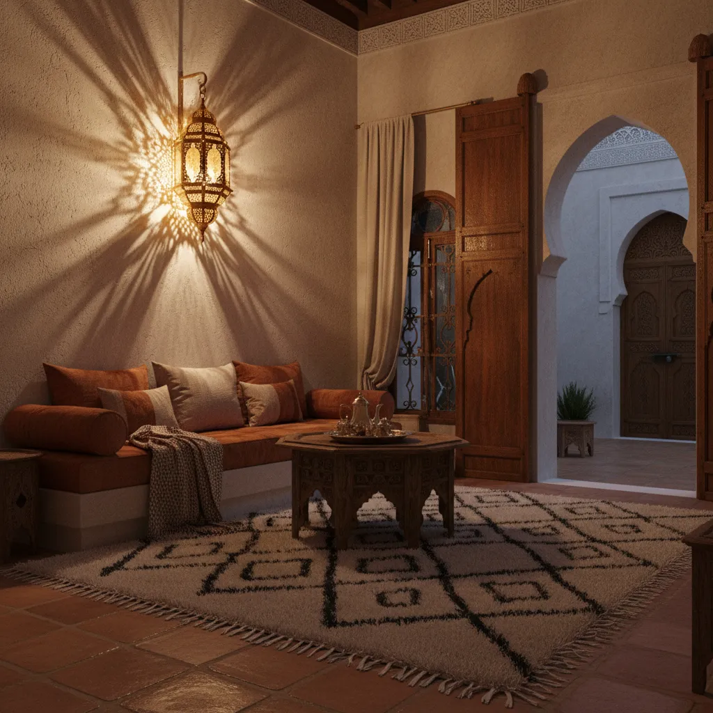 Moroccan wall lamp casting patterned light in a warm interior