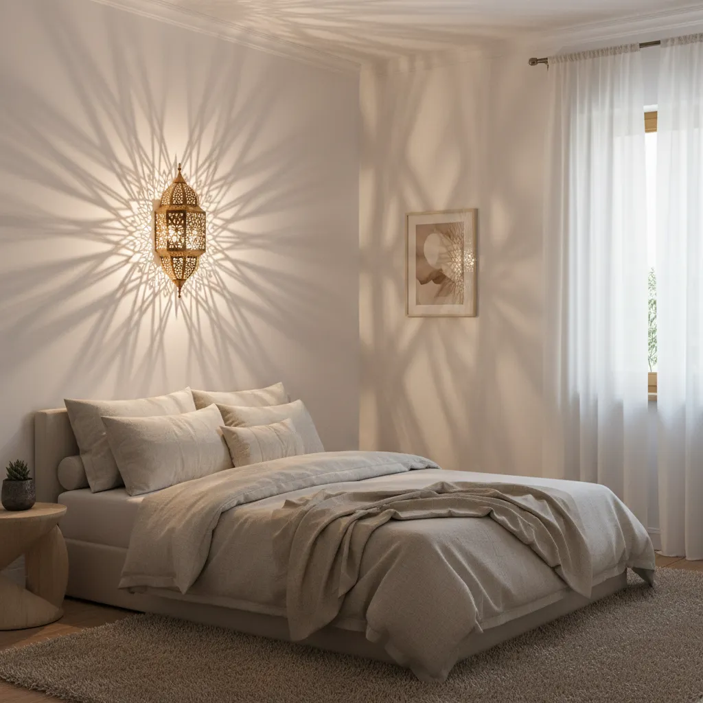 Moroccan wall light casting decorative geometric shadows on a small room wall