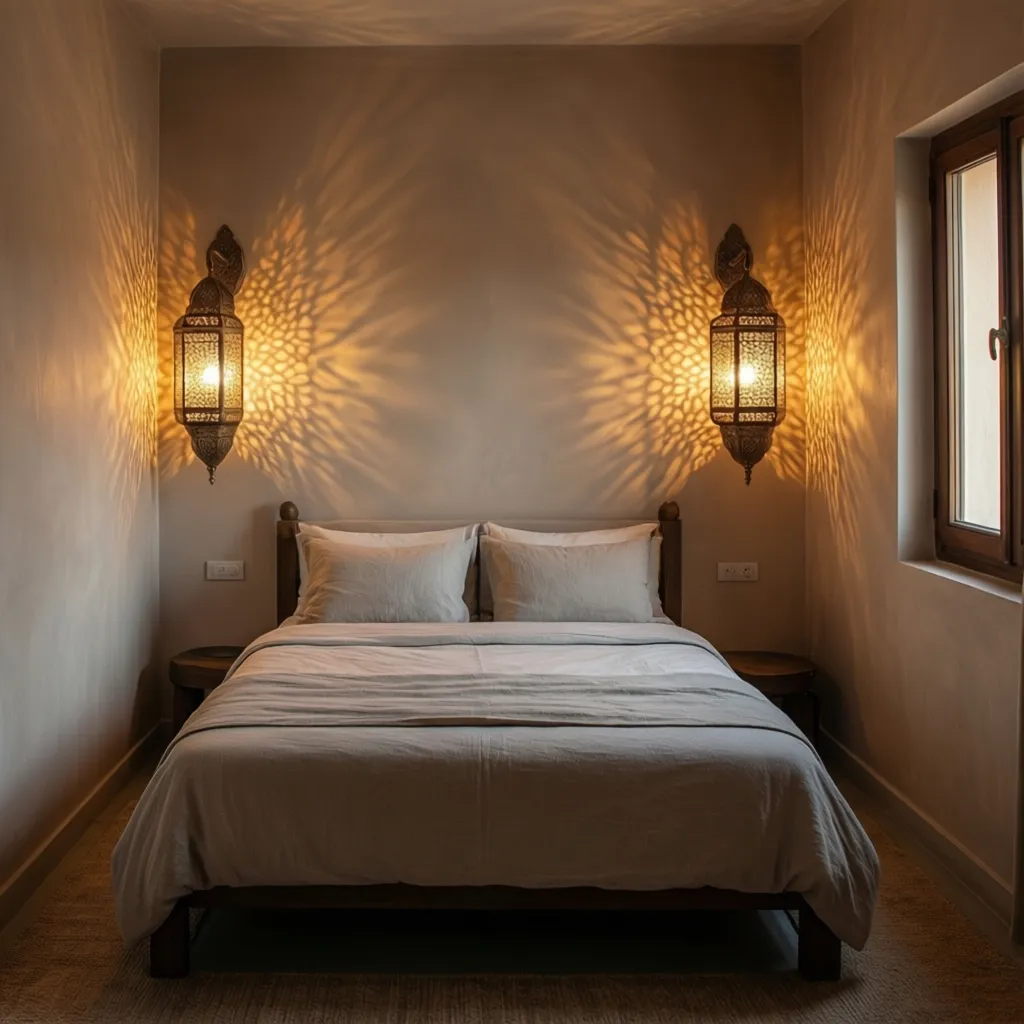 Moroccan wall lights mounted on both sides of a bed in a small bedroom