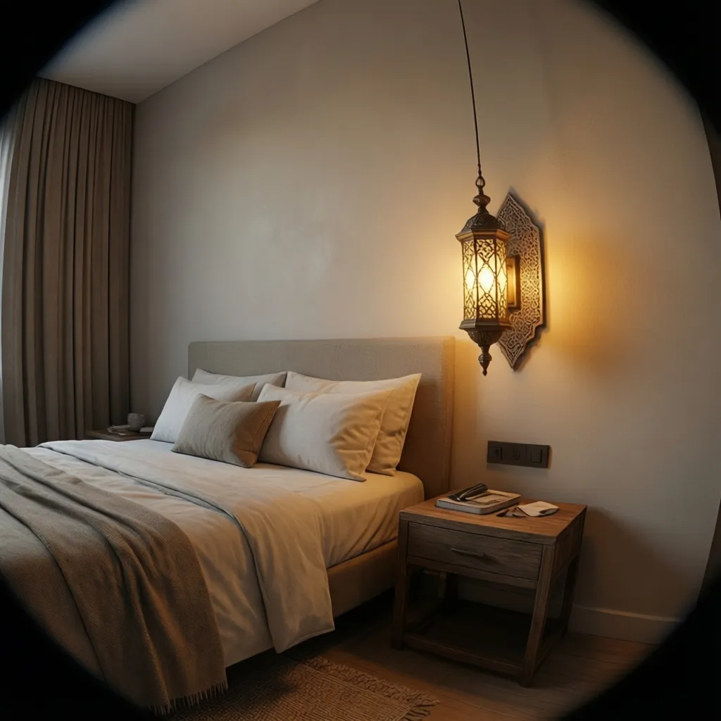 Moroccan wall sconce mounted at proper height beside a bed
