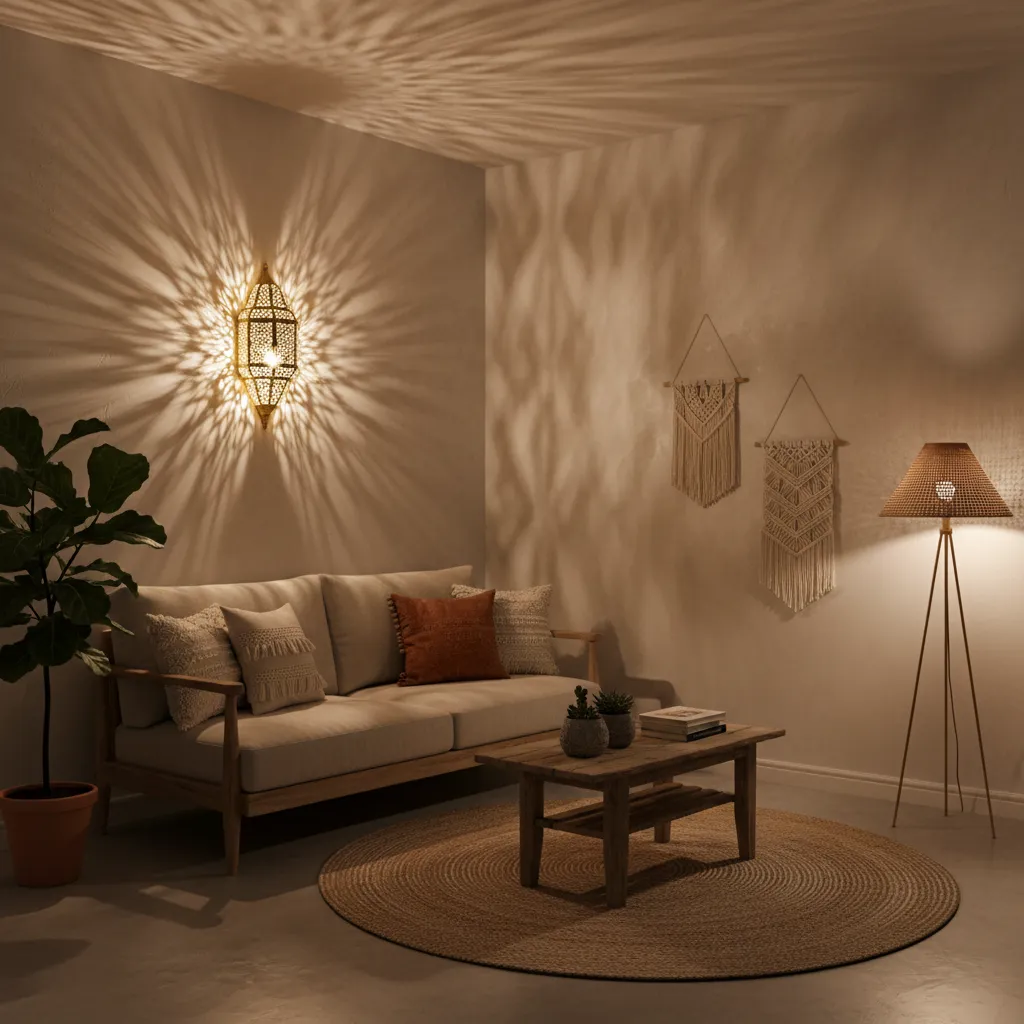 Moroccan wall sconce casting decorative shadows in a small living room