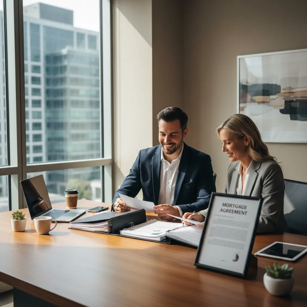 Homebuyer discussing mortgage options with lender at desk
