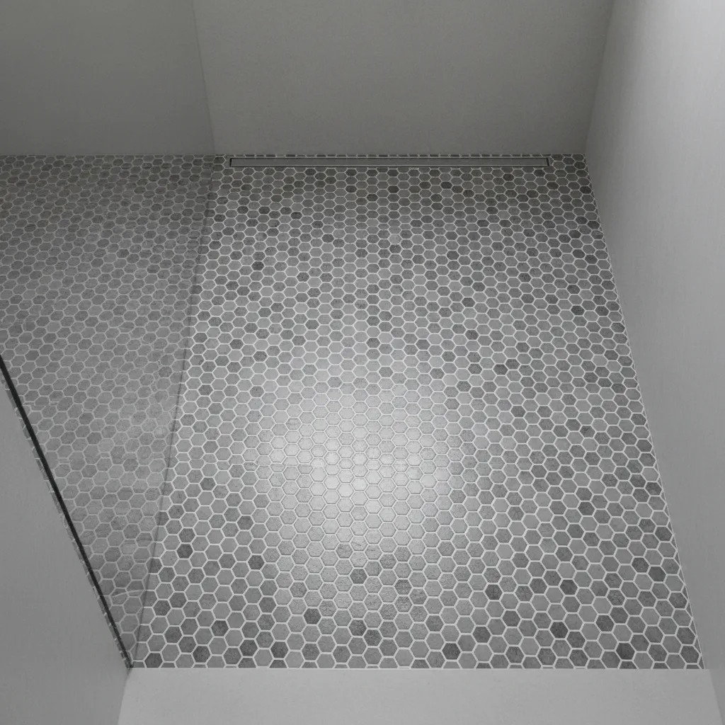 Small mosaic bathroom floor tiles with multiple grout lines for better traction