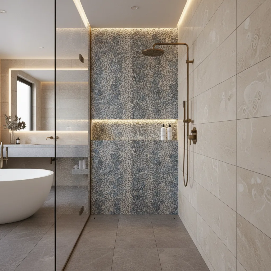 Walk in shower with mosaic tile feature wall