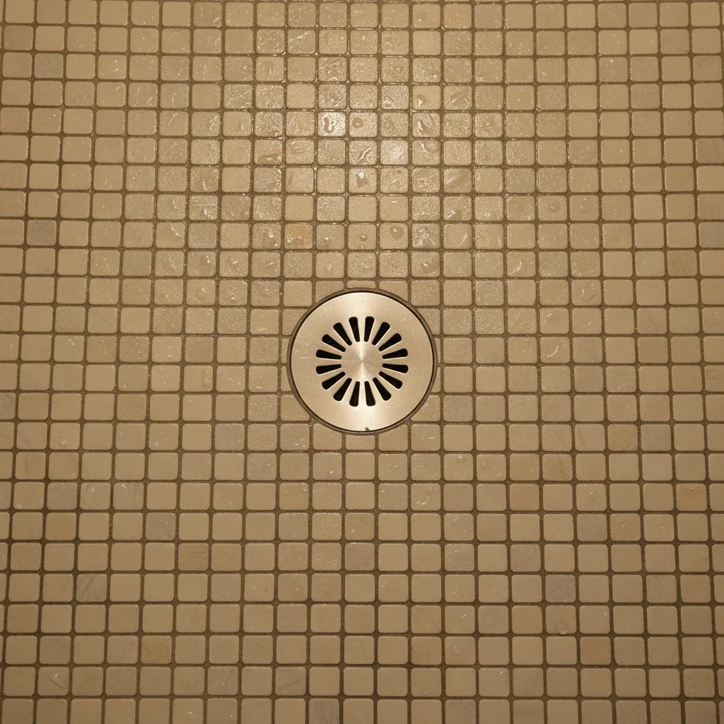Close view of mosaic tile shower floor with drain