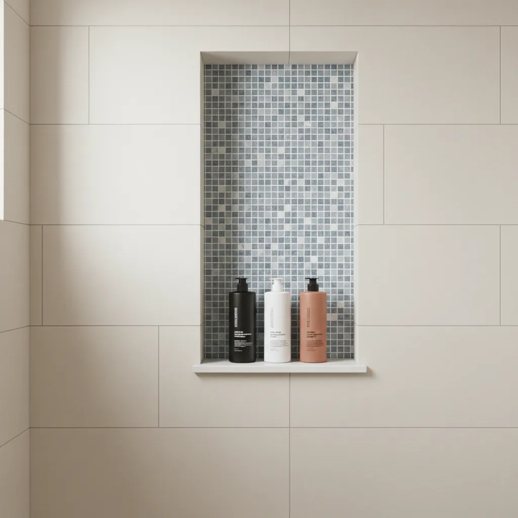 Bathroom shower niche finished with mosaic tiles