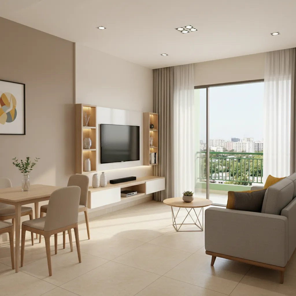 Compact living room layout in a Moshi 2 BHK apartment