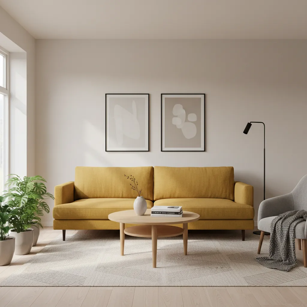 Salón contemporáneo con sofá mostaza y paredes claras