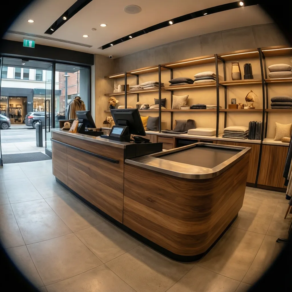 Modern wooden checkout counter in retail store with wall shelves holding pillows and home decor