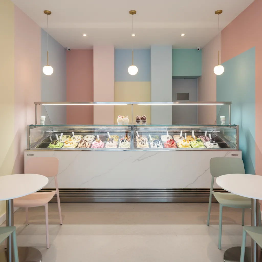 Mostrador lineal con vitrina de helados en una heladería pequeña