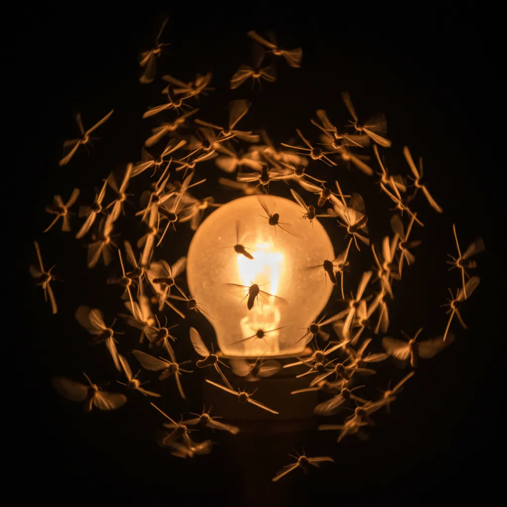 Moths circling a bright outdoor lamp at night