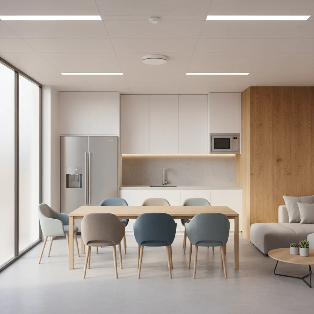 Office break room with ceiling motion sensor controlling LED lighting