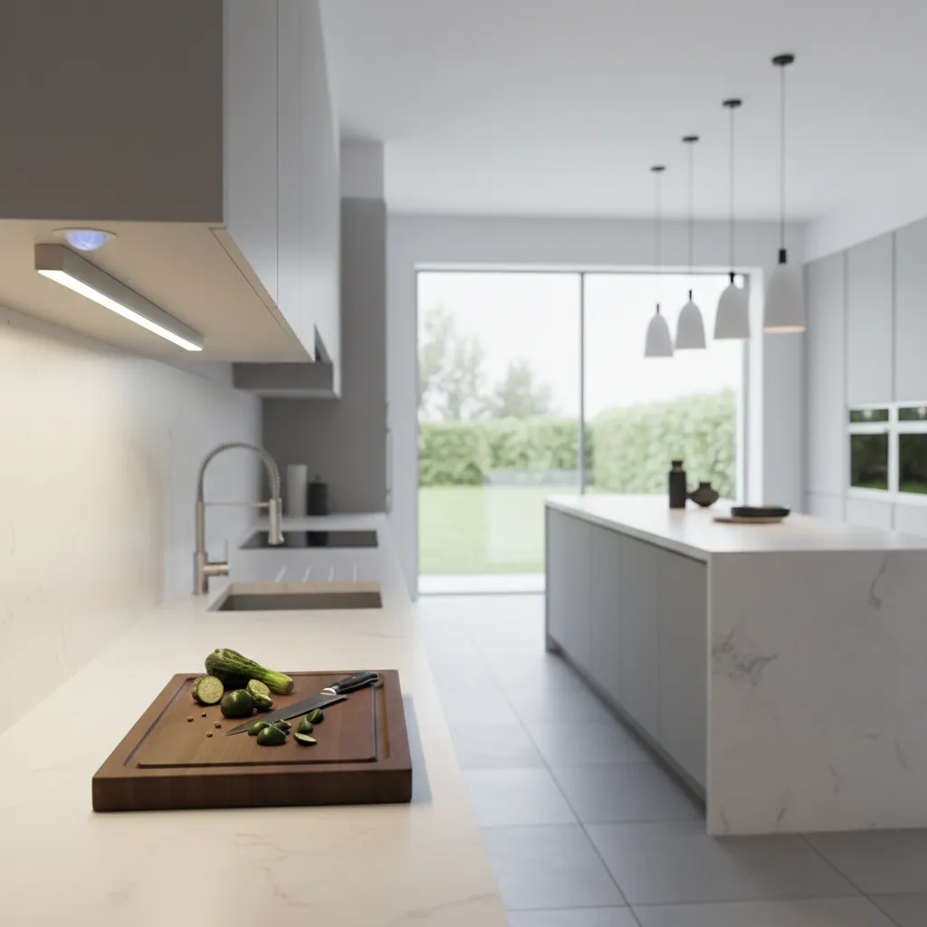 Under cabinet motion sensor light installed near cabinet edge for better detection