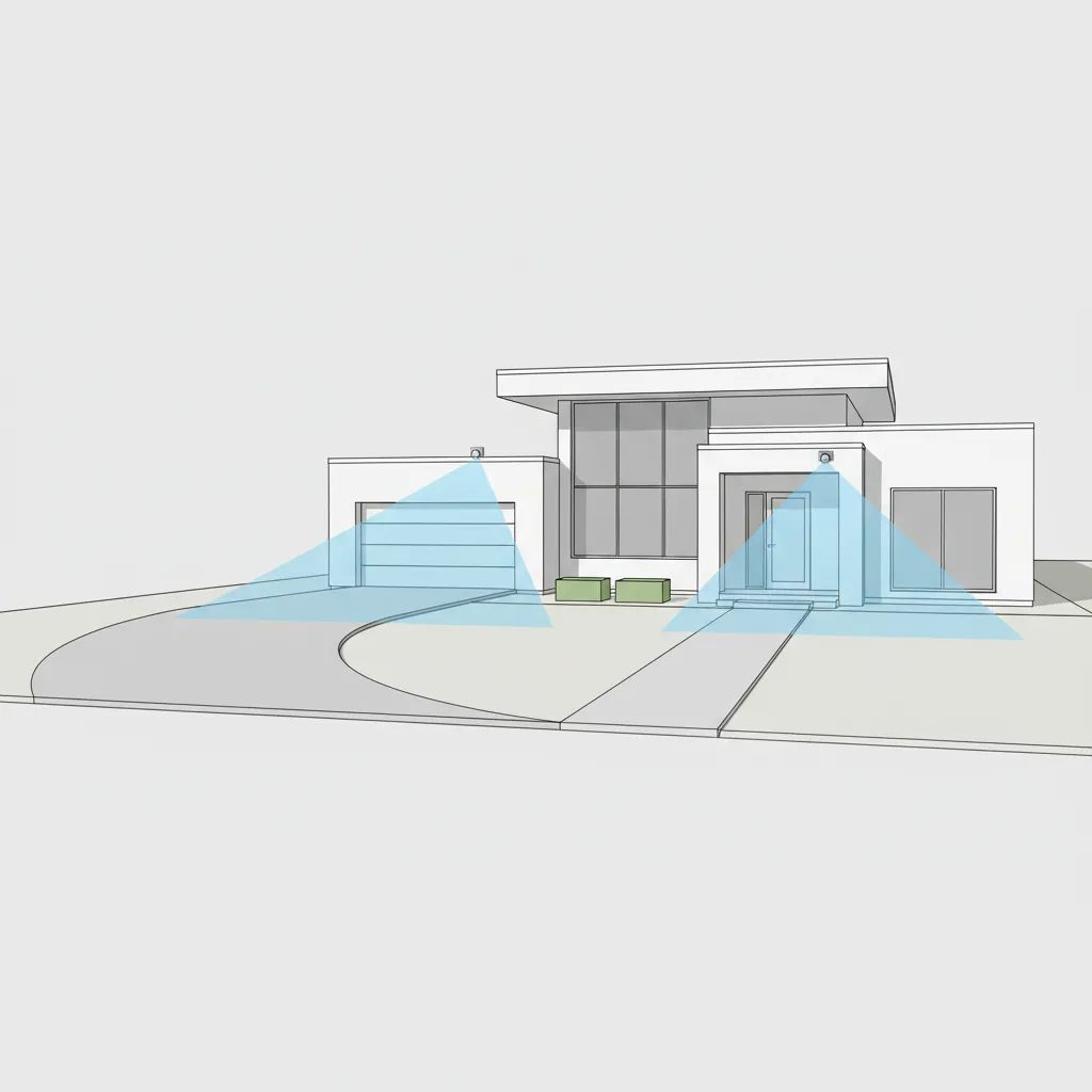 Illustration of motion sensor detection zones covering driveway and walkway