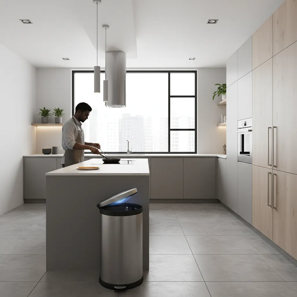 Motion sensor trash can used in a contemporary kitchen