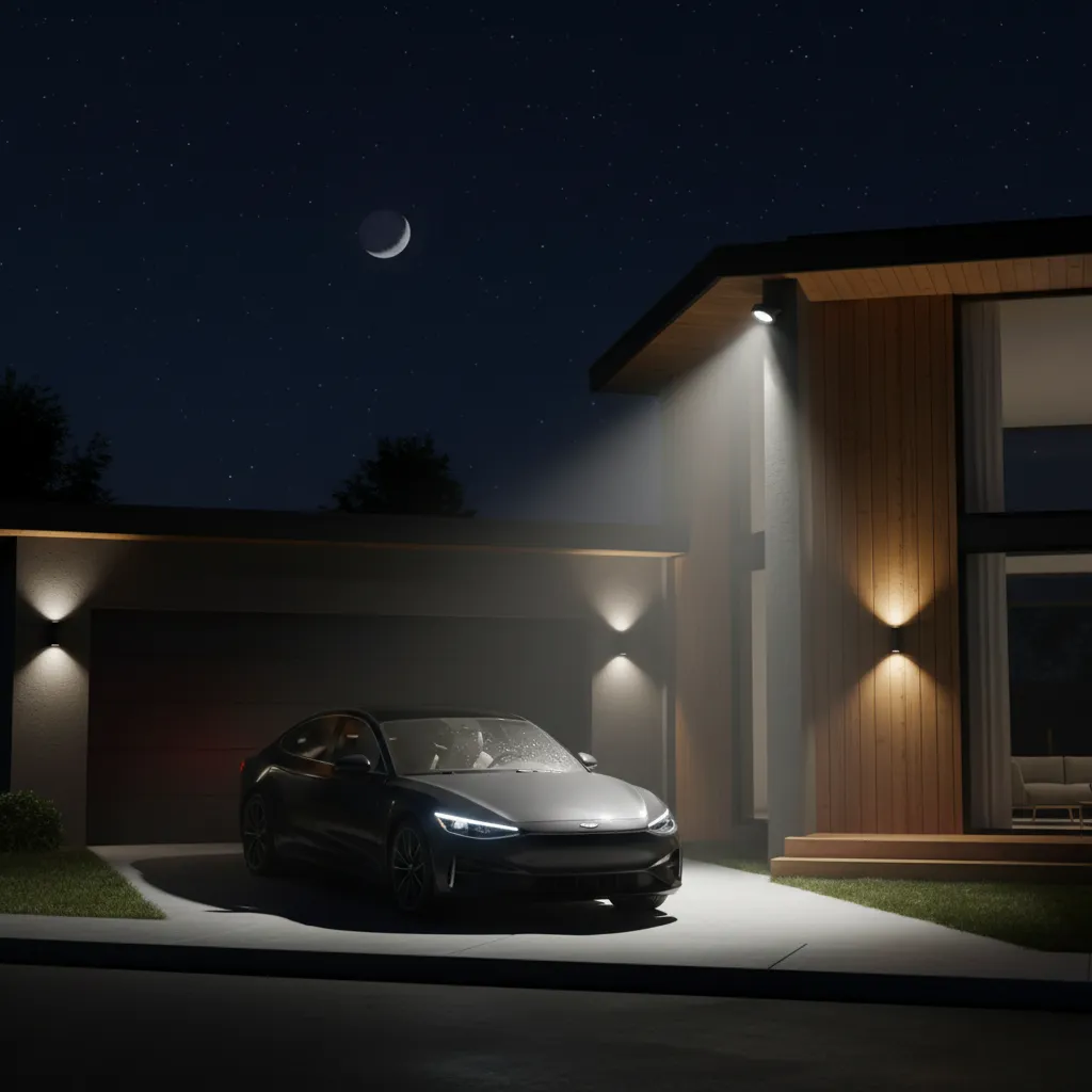 Motion sensor floodlight activating on a residential driveway at night