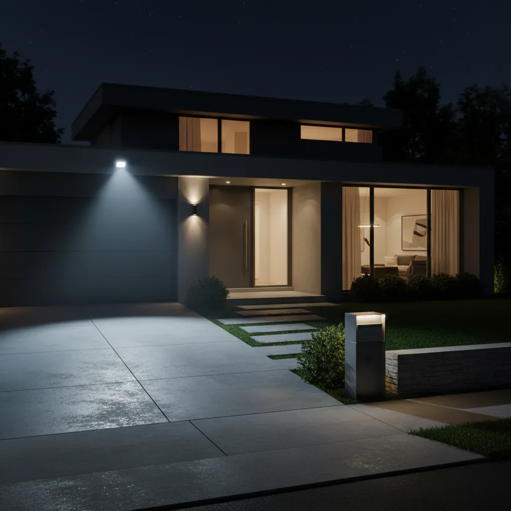 Driveway illuminated by motion sensor security light at night