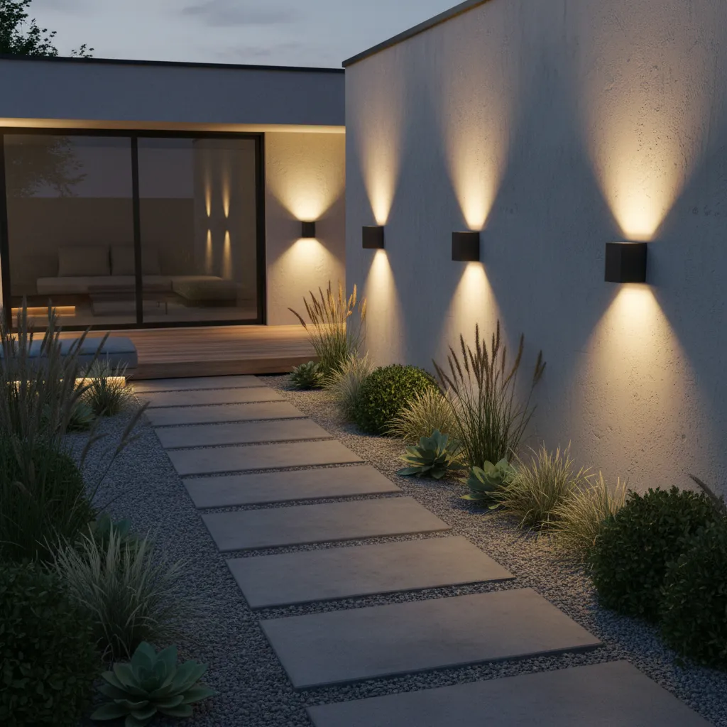 Backyard pathway illuminated by motion sensor light