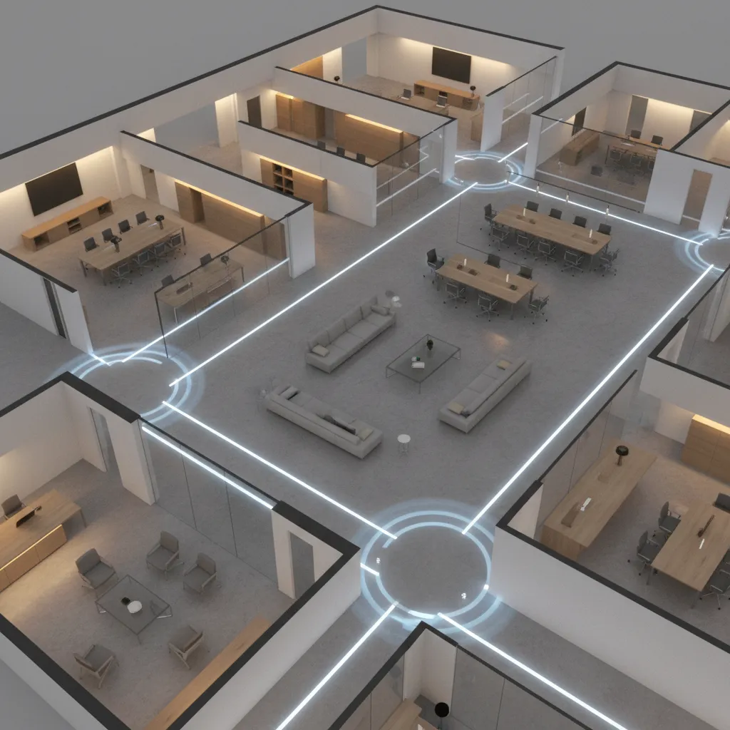 Lighting zone coverage example showing overlapping motion sensor areas in a facility