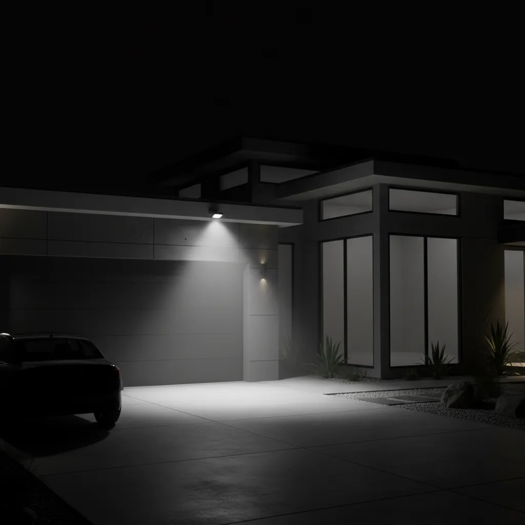 Motion sensor security floodlight activating near a garage driveway at night