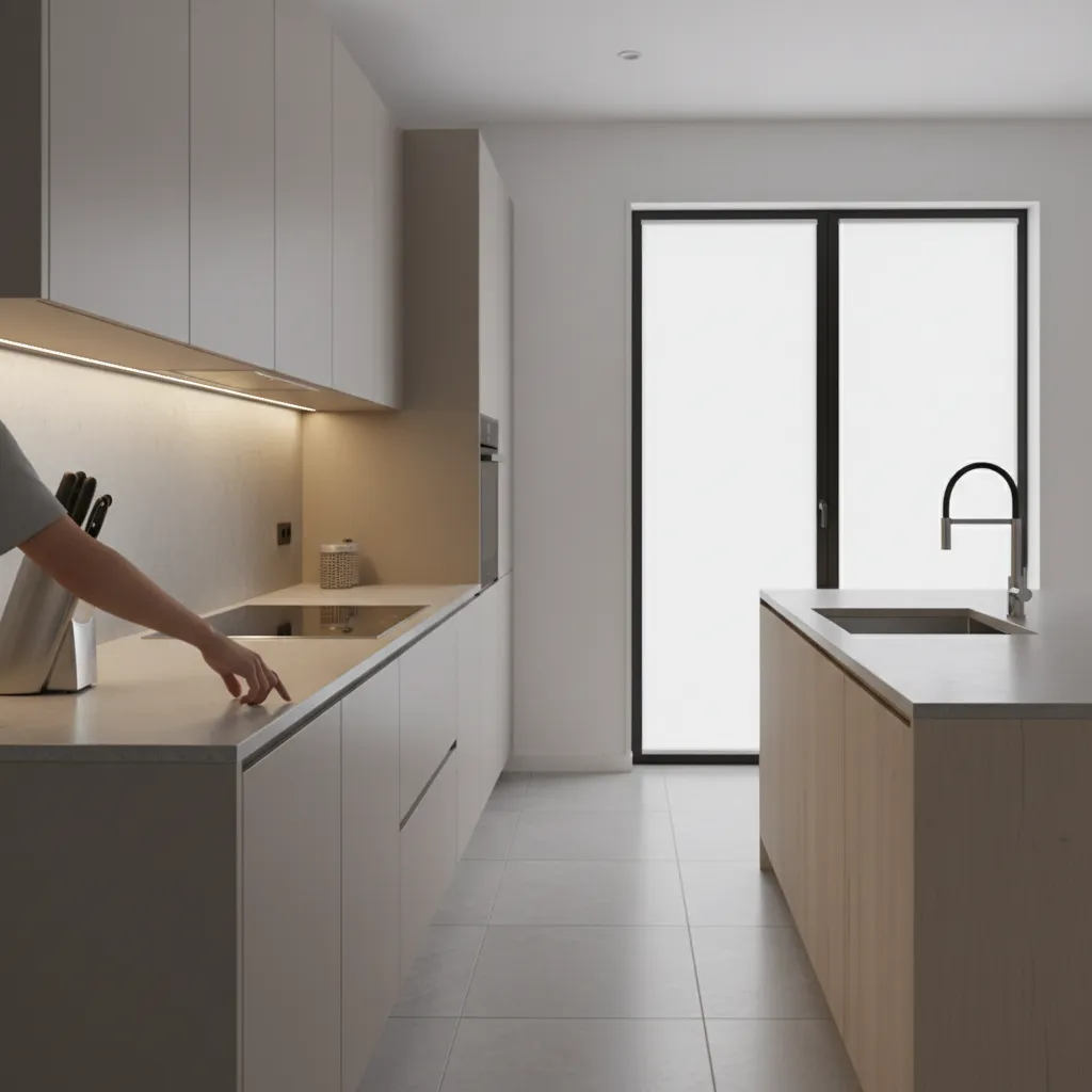 Under cabinet LED lighting activated by motion sensor in kitchen