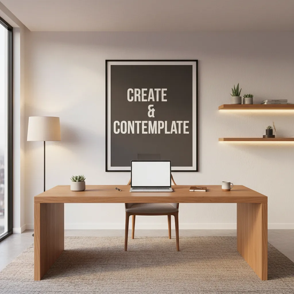 Large framed motivational artwork above modern study desk