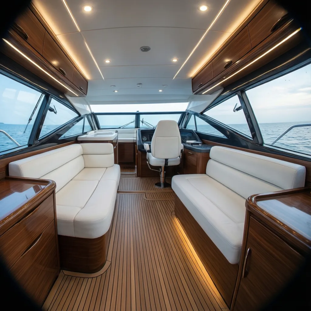 modern motorboat cabin layout with sleek seating and LED lighting