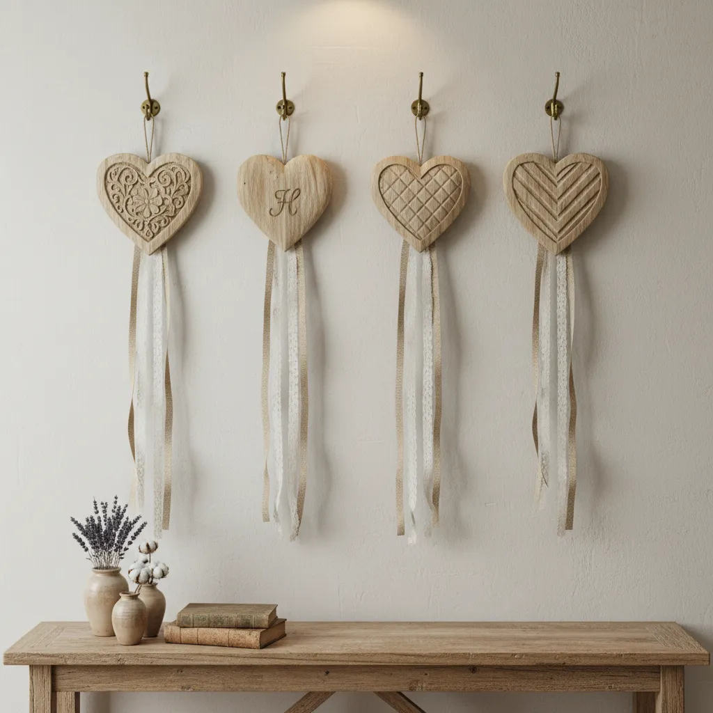 wooden heart decorations mounted neatly on a wall with hooks and ribbons